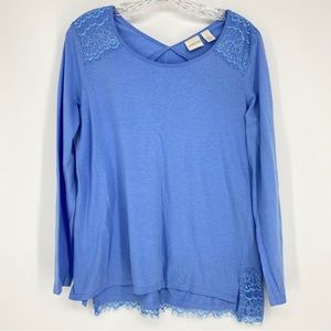 Chico's Long Sleeve Blue Scoop Neck Lace Trim At Hem & Shoulder T-Shirt Size 1
